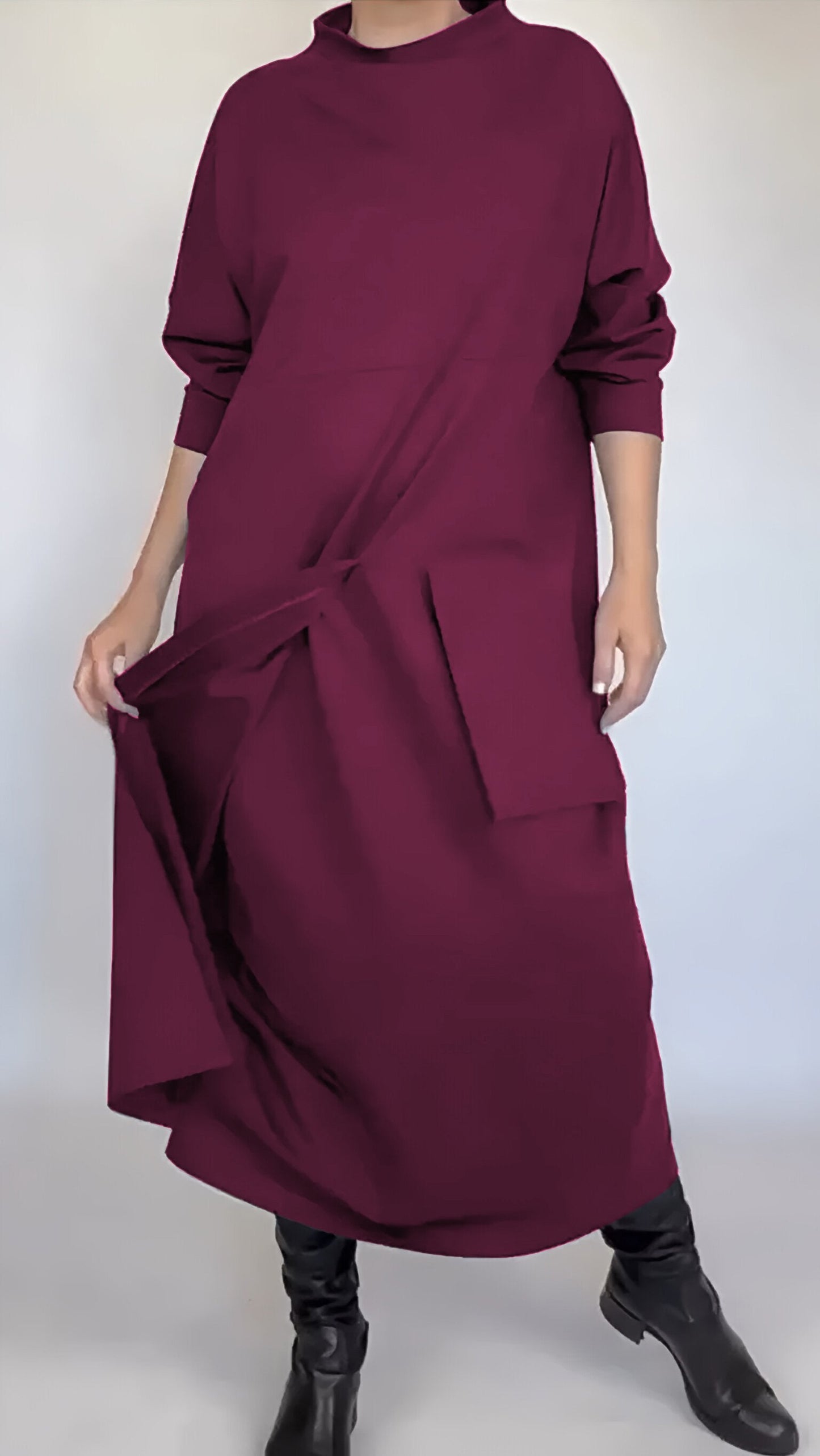 Women's Crew-neck One-pocket Dress burgundy