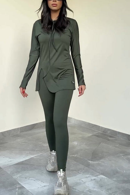 Women's Casual Hooded Solid Color Sports Two-piece Suit green