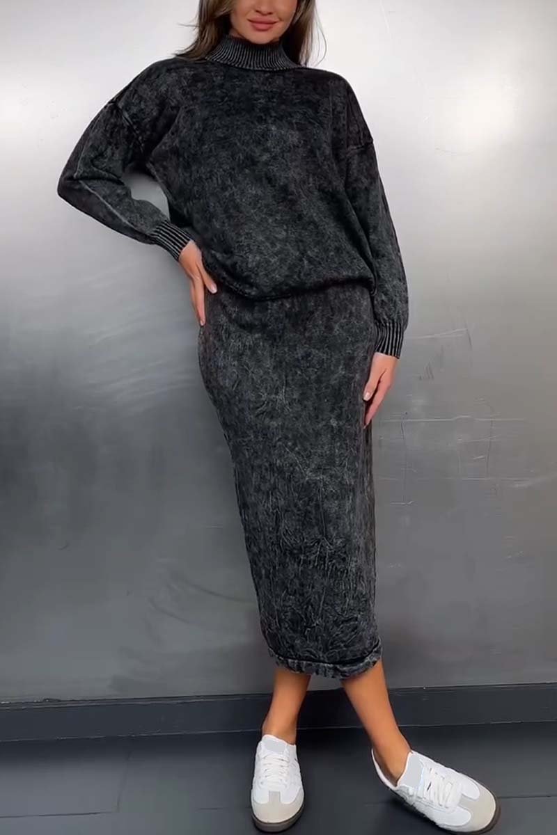 Women's casual high collar knitted skirt suit Dark Gray