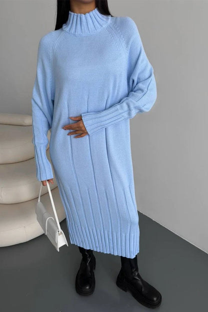 Women's Round Neck Long Sleeve Knitted Sweater Casual Dress blue