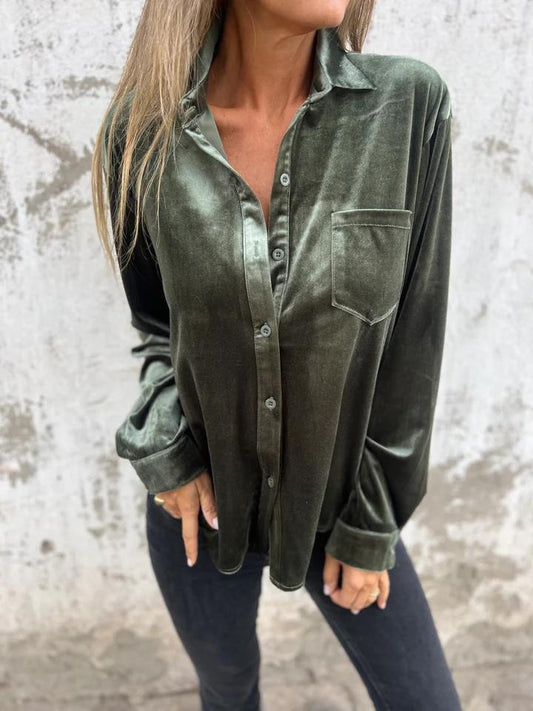 Casual Lapel Single-breasted Gold Velvet Shirt green