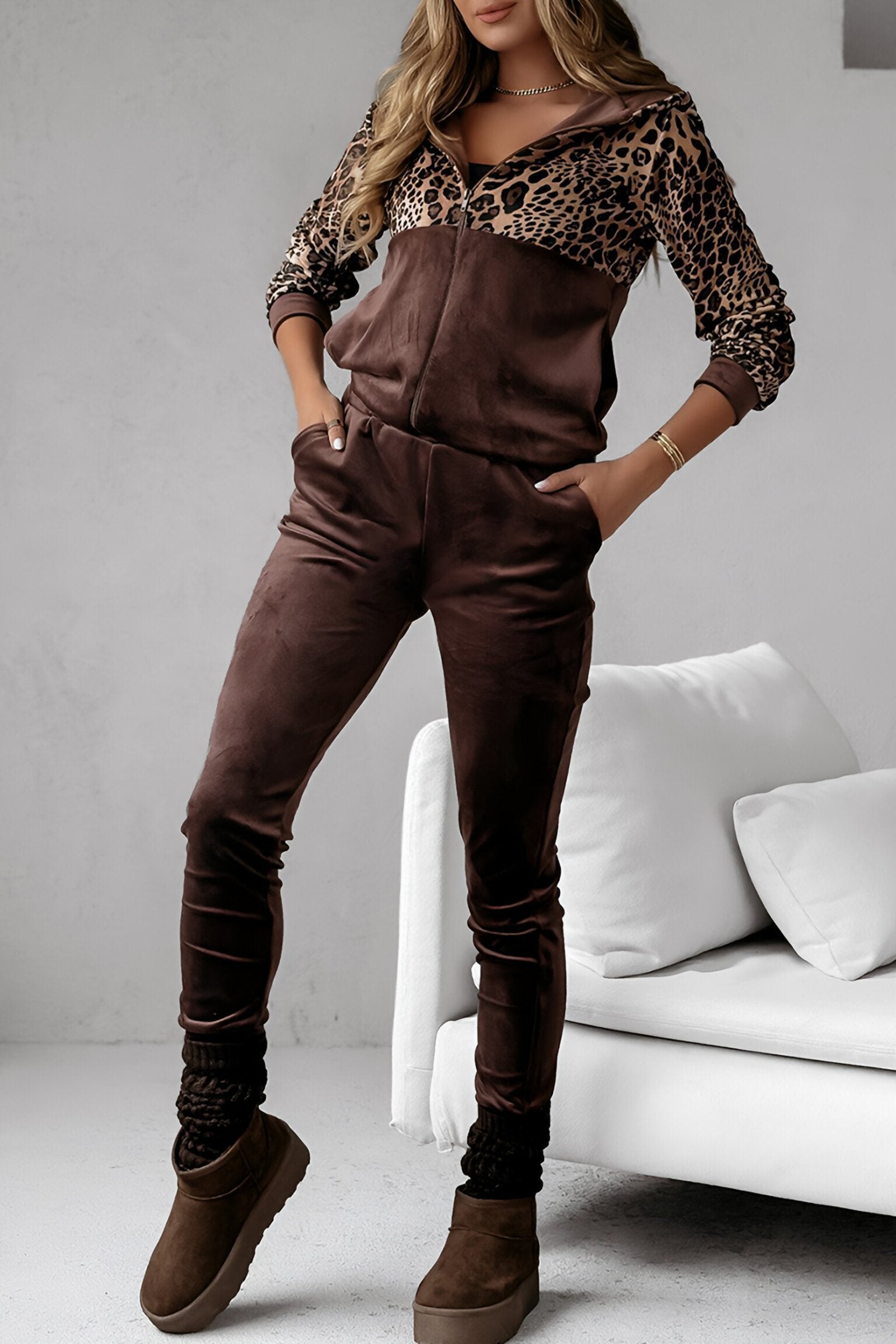 Women's Hooded Long-sleeved Leopard Print Casual Suit brown