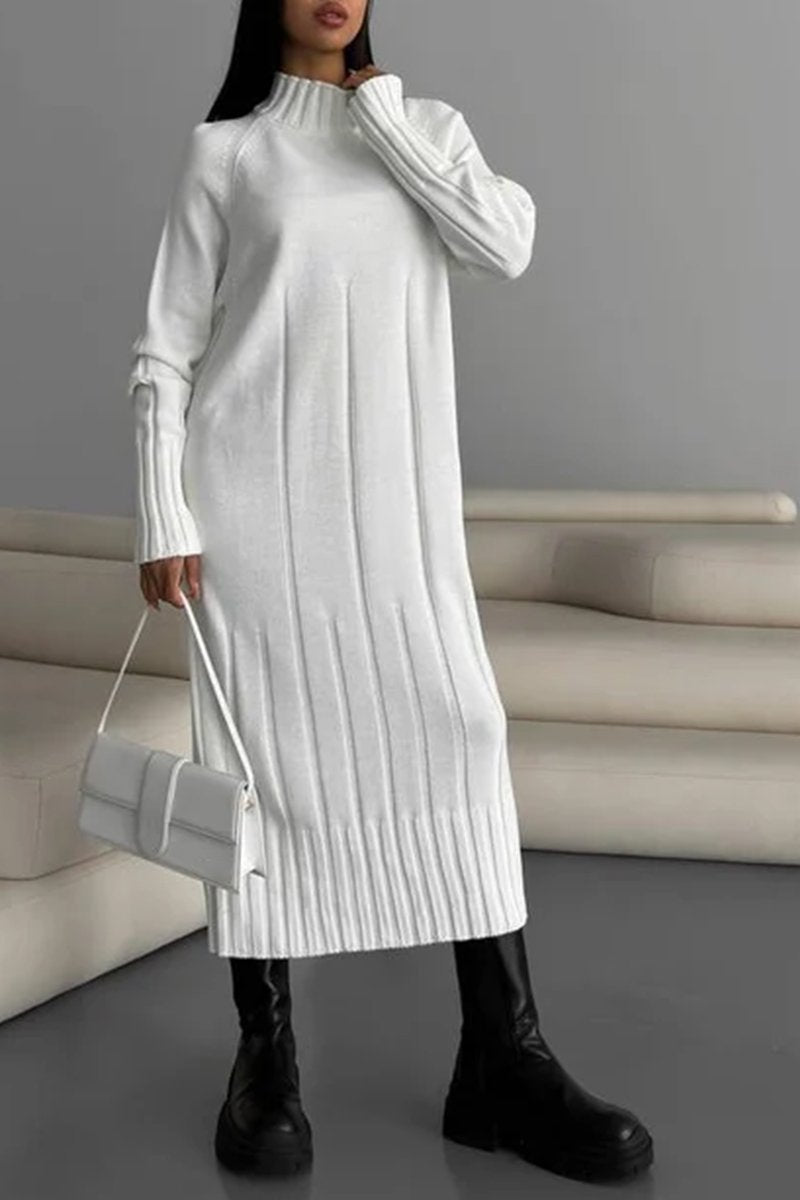 Women's Round Neck Long Sleeve Knitted Sweater Casual Dress