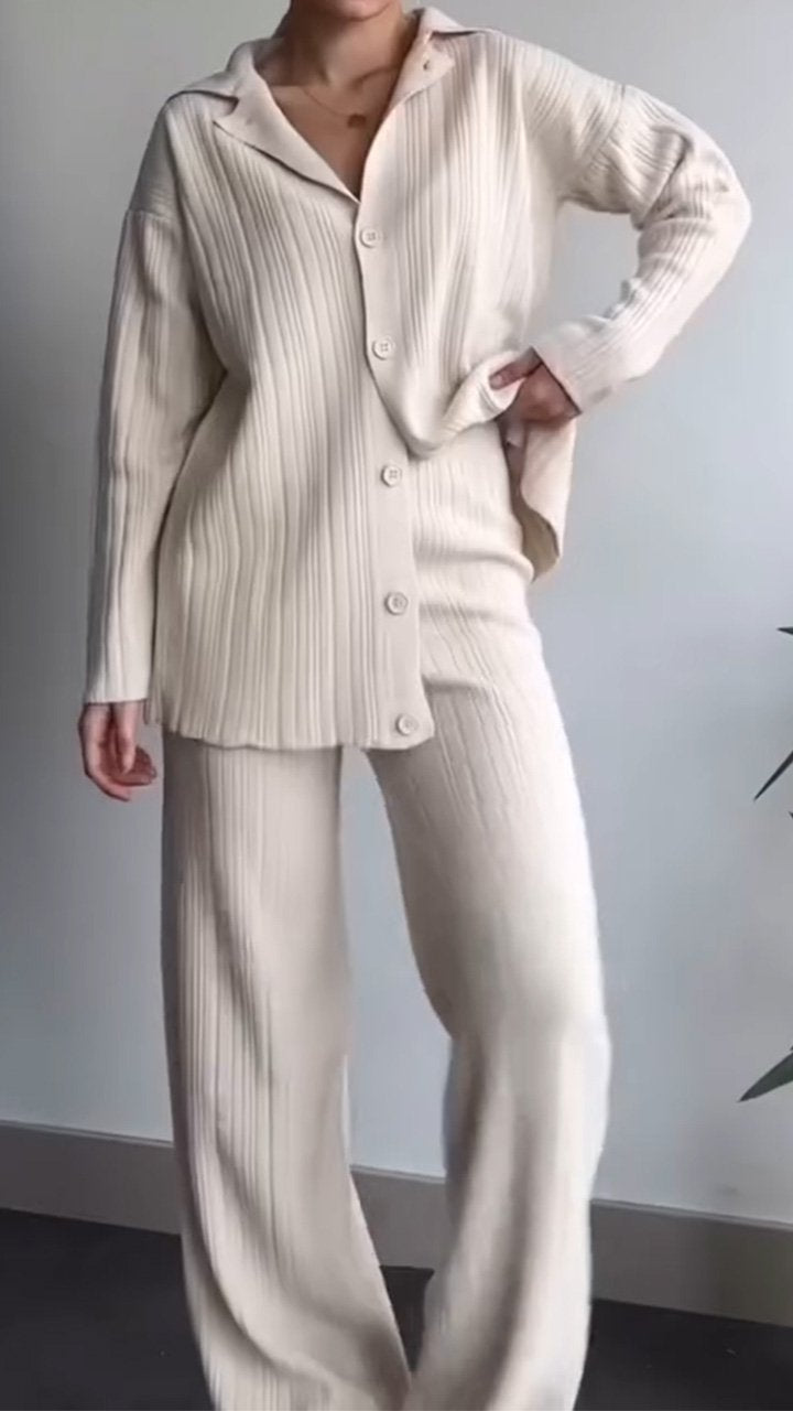 Women's Breasted Solid Color Casual Knit Suit Beige