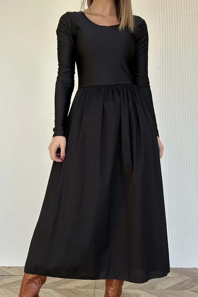 Women's solid color long sleeve knitted patchwork pleated dress Black