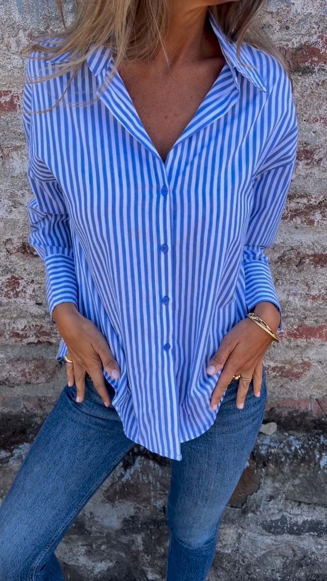 Lapel Single-breasted Striped Shirt blue