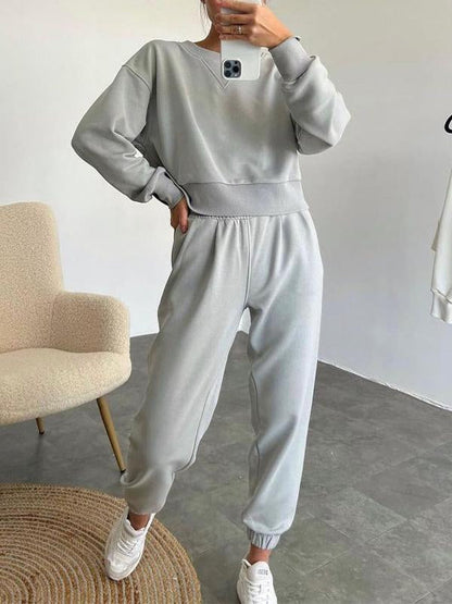 Women's Round Neck Solid Color Sports Two-piece Suit gray