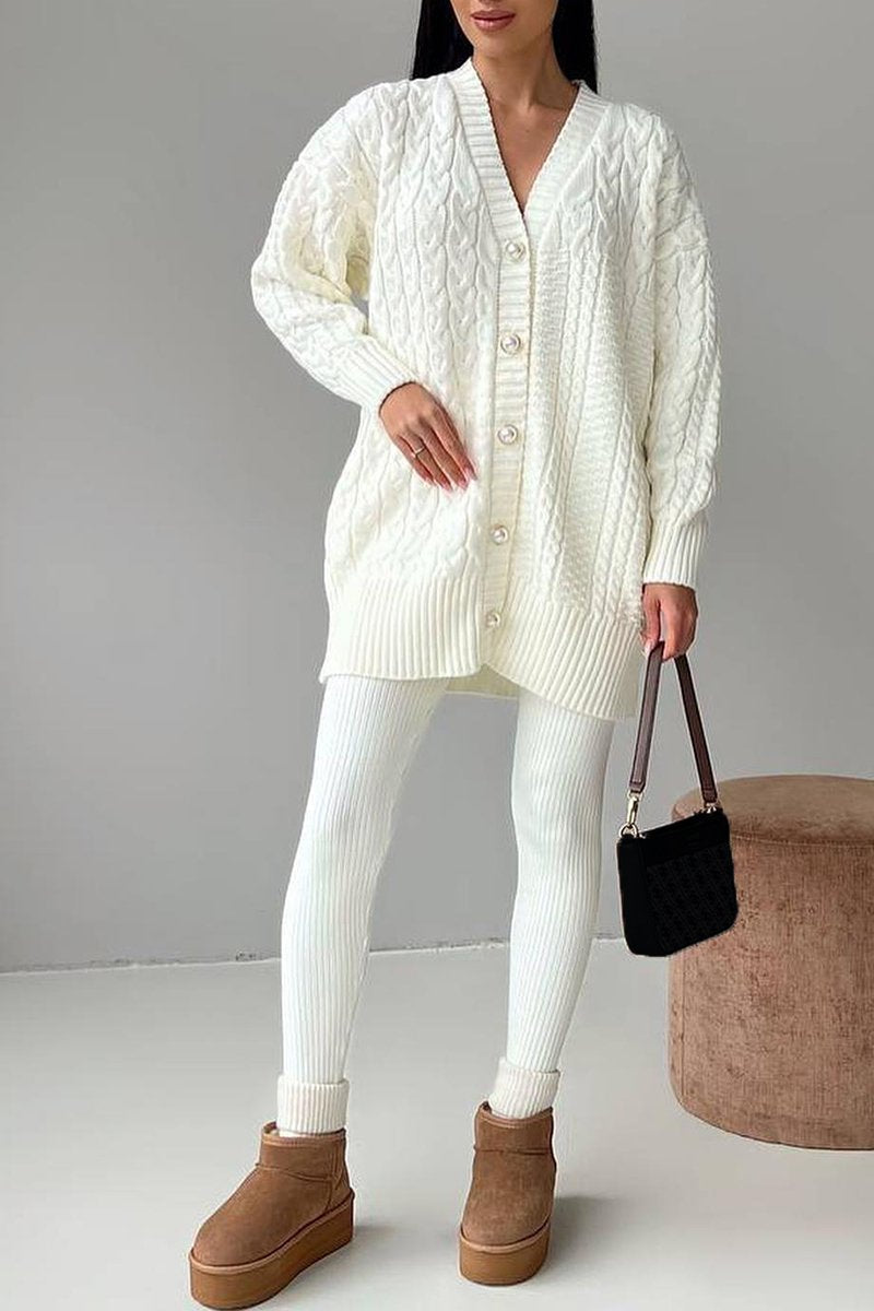 Women's V-neck Long-sleeved Sweater Casual Suit white