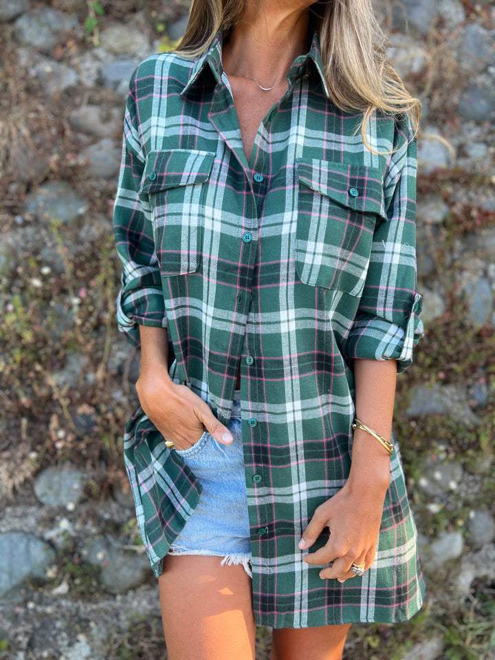 Lapel Single-breasted Plaid Shirt green