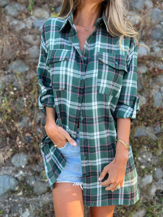 Lapel Single-breasted Plaid Shirt green