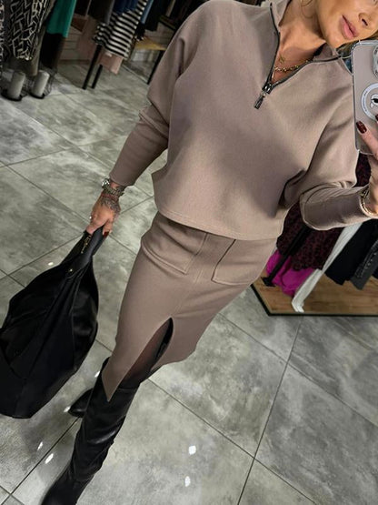 Women's Lapel Long Sleeve Top and Slit Skirt Set brown