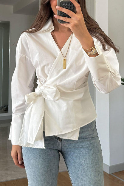 Women's Casual Solid Color Lace-Up Shirt white