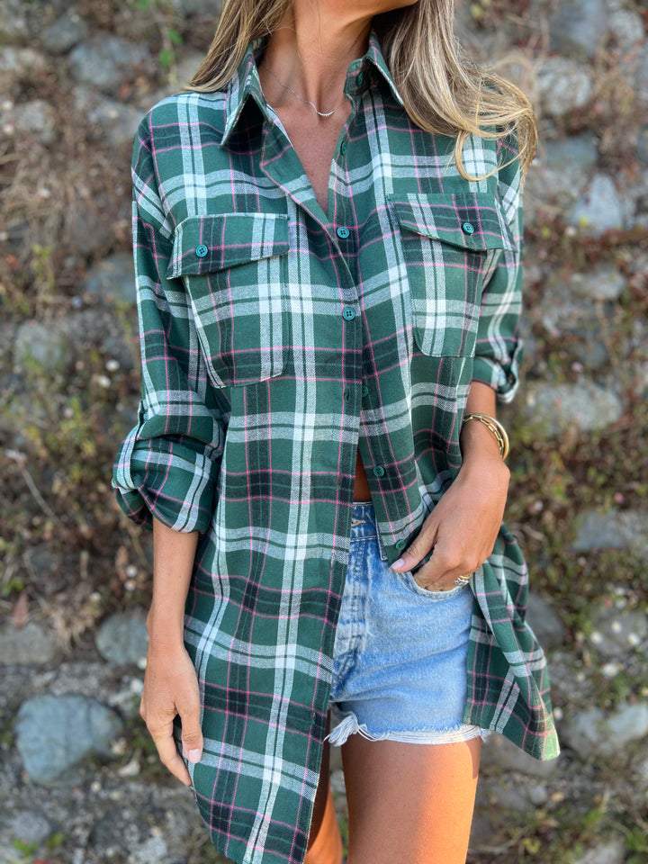 Lapel Single-breasted Plaid Shirt