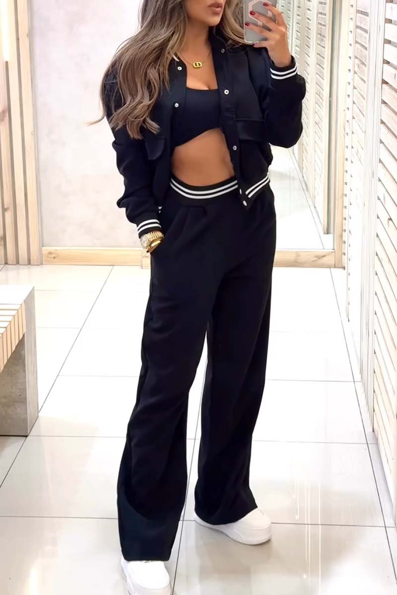 Women's Casual Sports Baseball Jacket and Pants Set Black