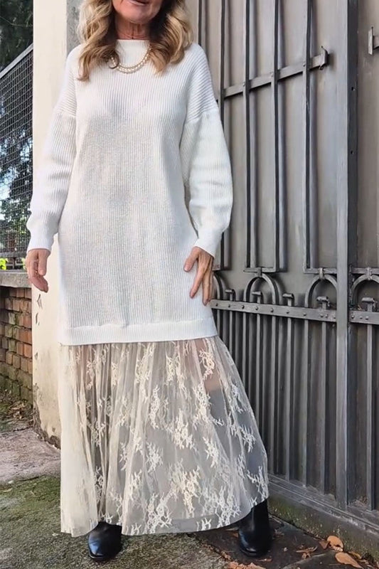 Women's Sweater Lace Patchwork Dresses white