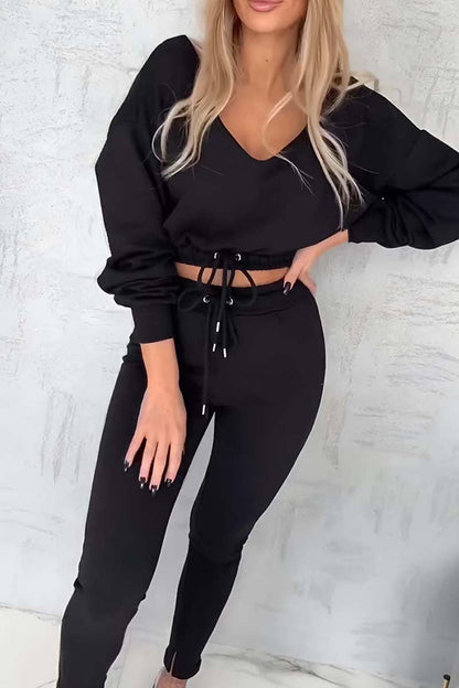 Women's Casual Drawstring Cropped Sweatshirt Set