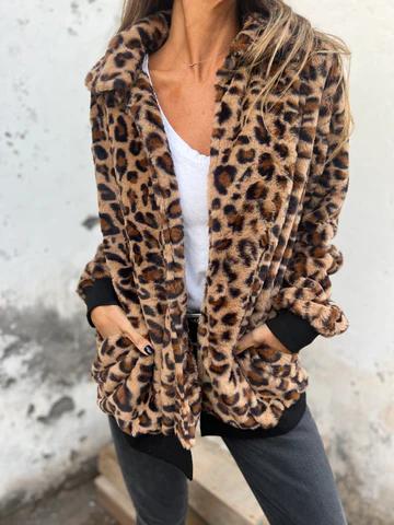 Women's Lapel Leopard Print Long Sleeve Thick Coat Brown