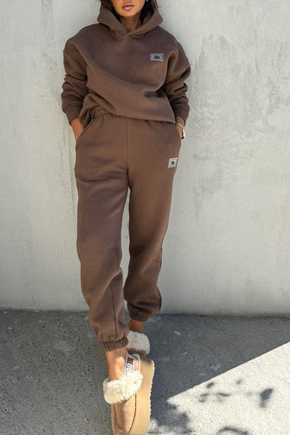 Women's Long Sleeve Hooded Sweatshirt Two Piece Set brown