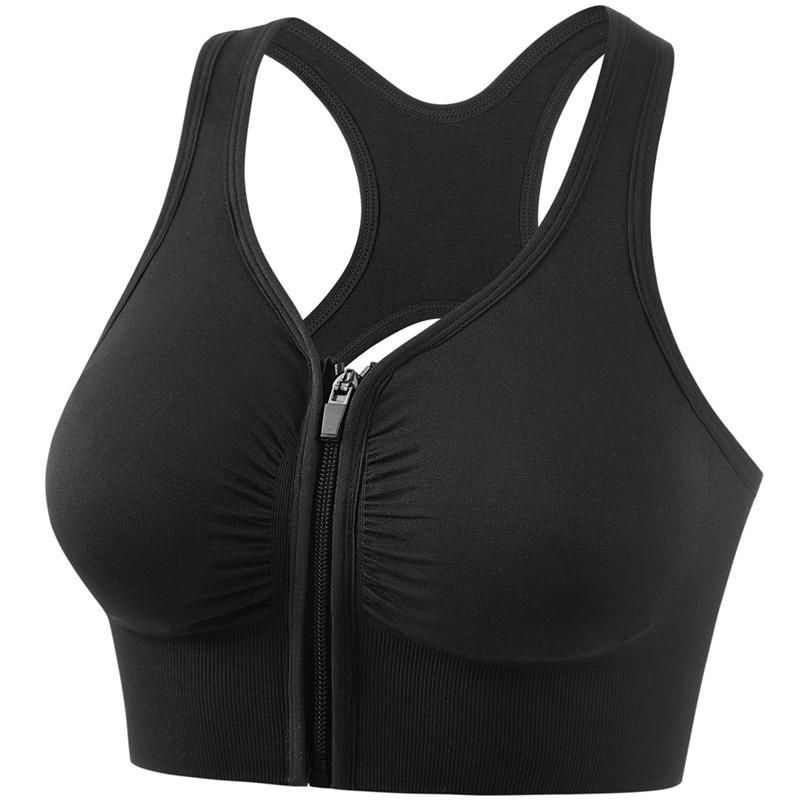 Women's Sports Bra Hollow Back Zipper Front Sports Bra black