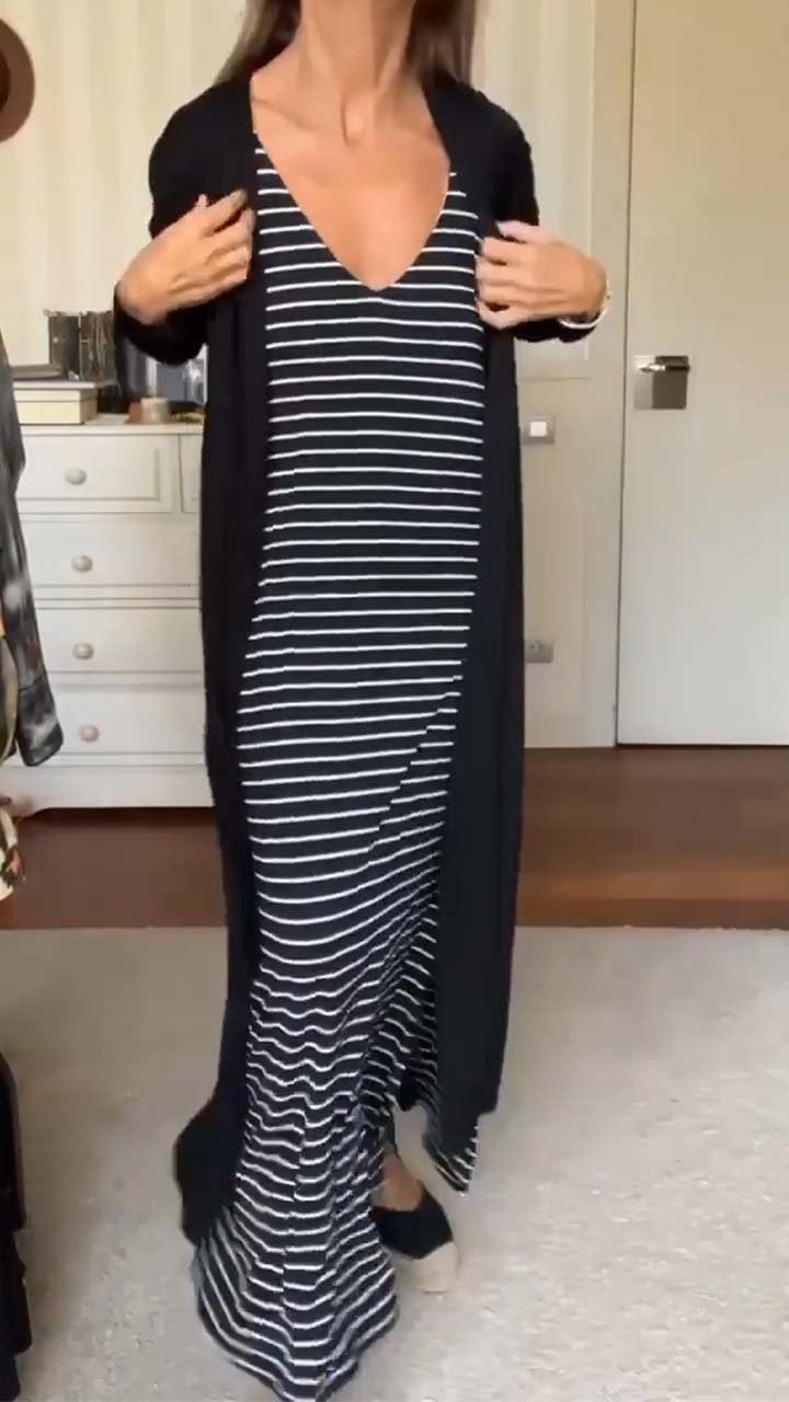 Women's Casual Striped Print Dress and Solid Black Cardigan