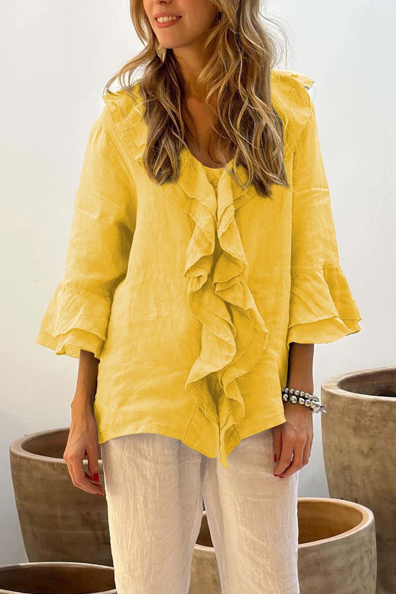 Women's casual ruffle collar cotton and linen tops Yellow