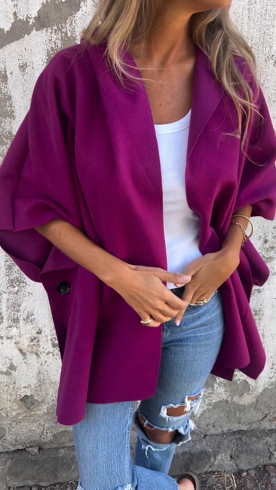 Lapel One-piece Sleeve Shawl Coat purple