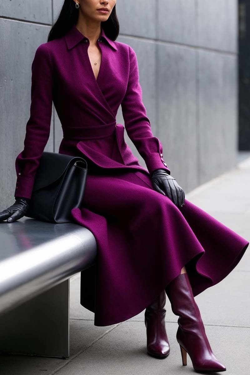 Women's elegant waist tie solid color dress Dark Purple