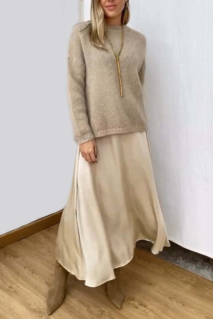 Women's knitted long sleeve top and satin skirt set