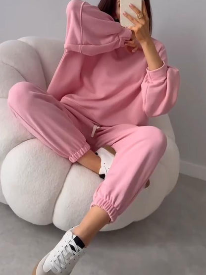 Women's Spring and Fall Solid Color Loose Crew-neck Hoodie Set