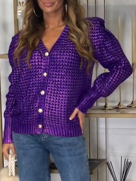 Women's V-neck Long-sleeved Knitted Cardigan