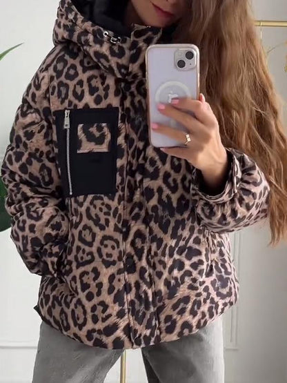 Women's Leopard Print Long Sleeve Hooded Coat leopard