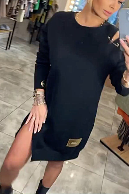 Women's Off Shoulder Knitted Sweatshirt Dress Black