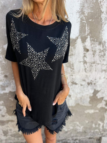 Star Shaped Rhinestone Lettering T-shirt black