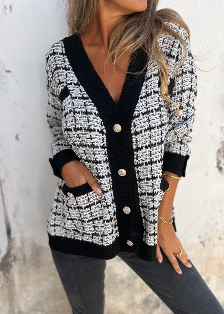 V-neck Single-breasted Plaid Cardigan Jacket black