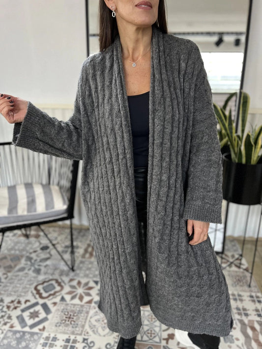 Women's V-neck Solid Color Ribbed Knitted Cardigan gray