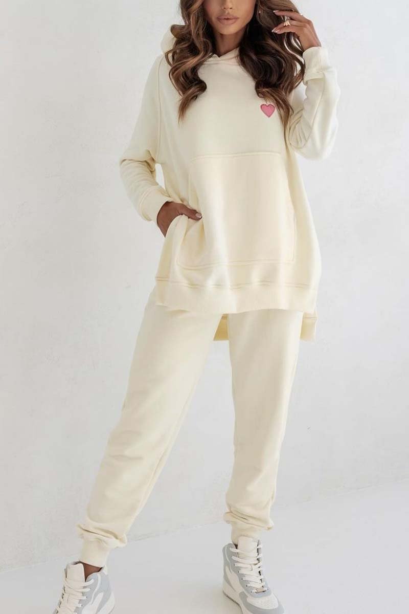 Women's Casual Sports Slit Hem Hooded Suit Creamy Yellow