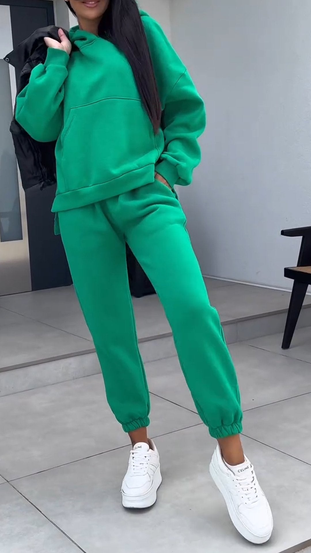 Women's Hooded Long-sleeved Casual Sweatshirt Suit green