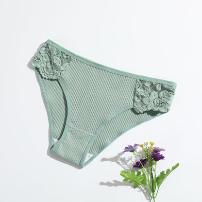 Women's Threaded Solid Color Low-rise Lace Breathable Double-stop Briefs green