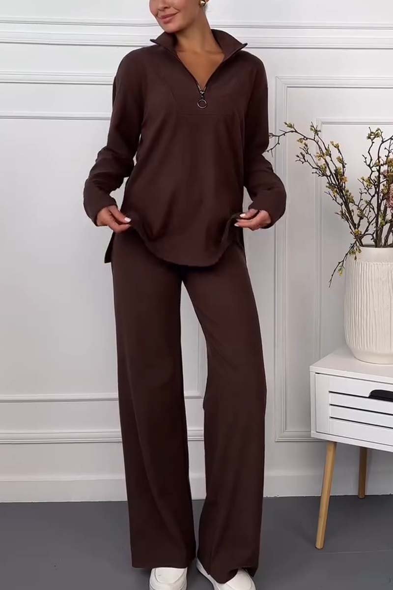 Women's Casual Half Zip Comfortable Knitted Suit Brown