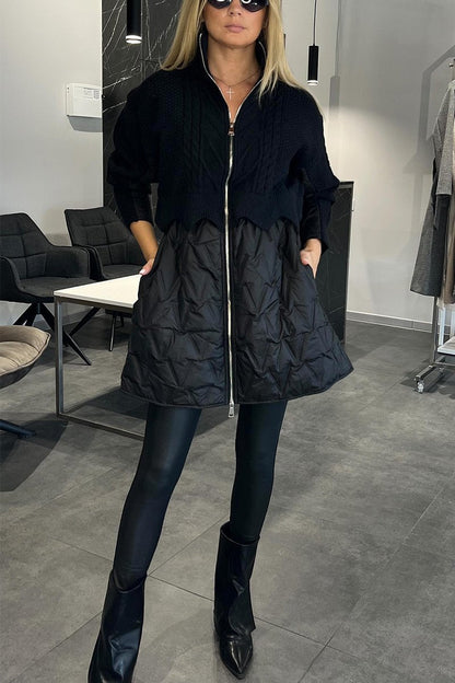 Women's Stand Collar Knitted Patchwork Coat black