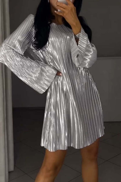 Women's Fashion Party Shiny Pleated Dress Silver