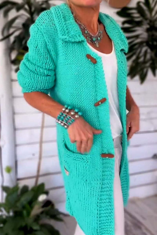 Women's Casual Solid Color Lapel Thick Thread Sweater Knitted Cardigan Lake Green