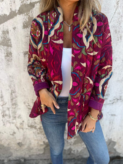 Women's Printed Long Sleeve Cardigan printed-red