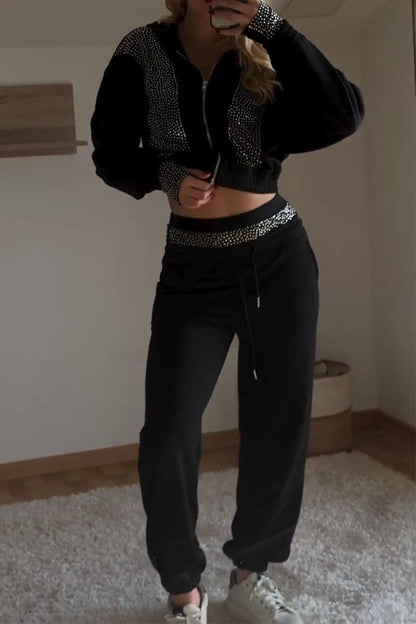 Women's Sequined Long Sleeve Hoodies Two Piece Set black