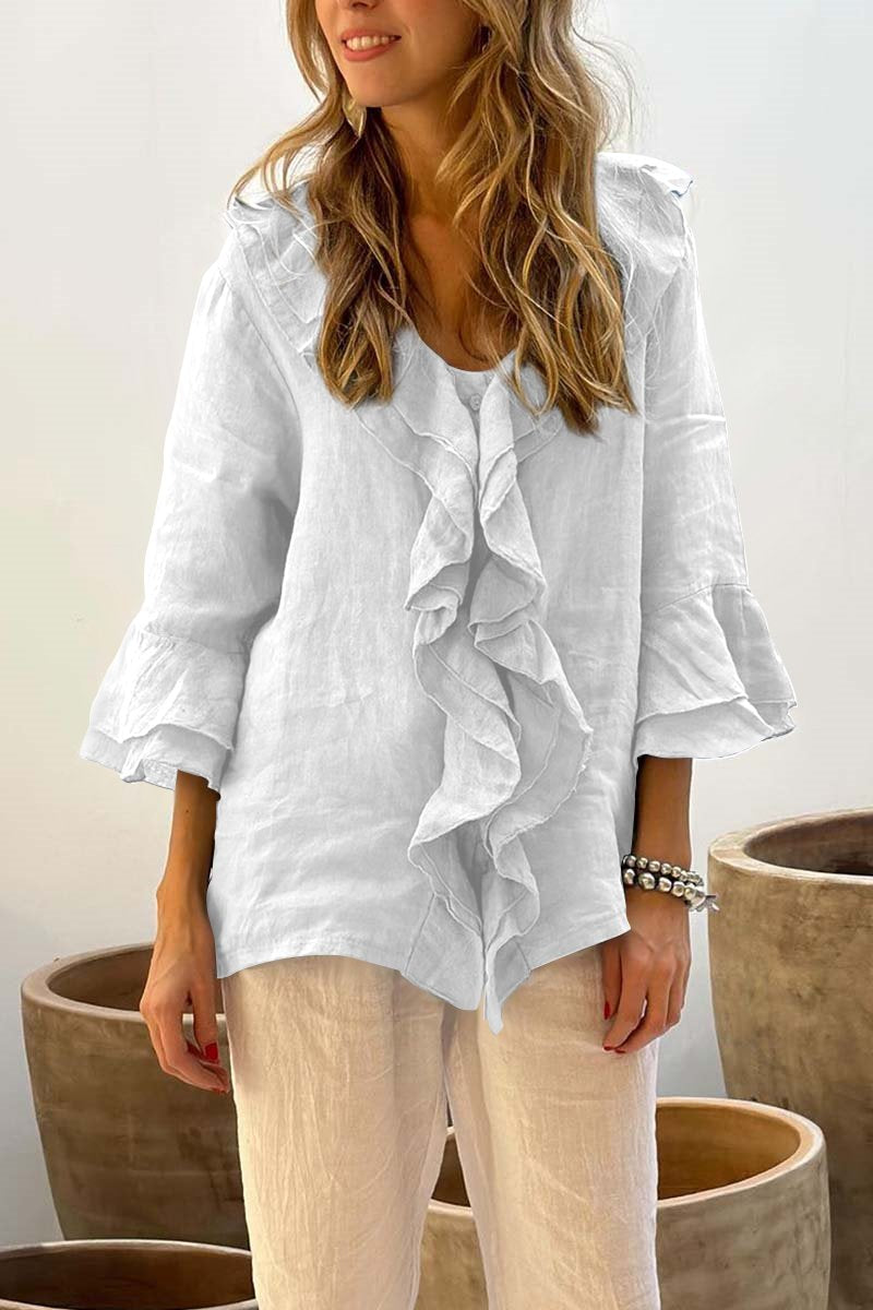 Women's casual ruffle collar cotton and linen tops White