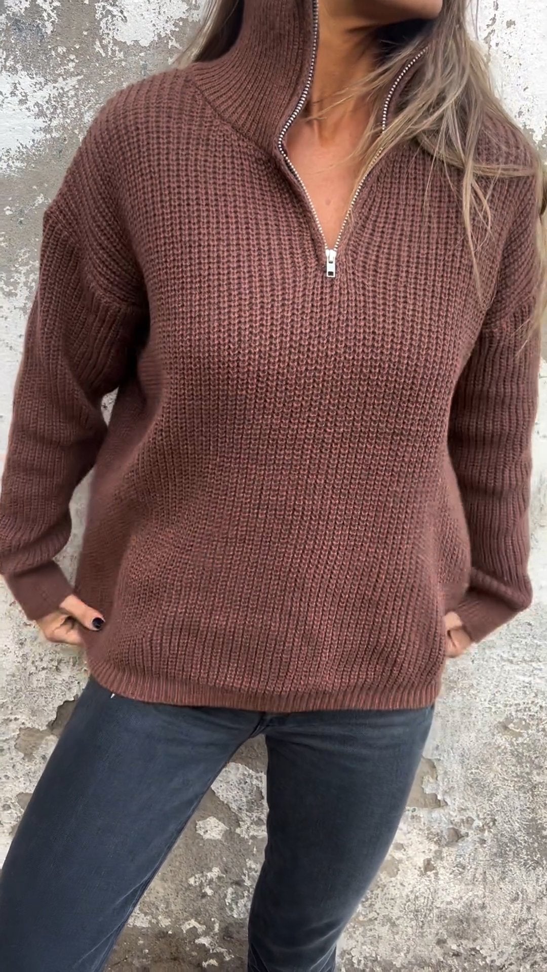 Casual Stand Collar Half Zip Knitted Top brown