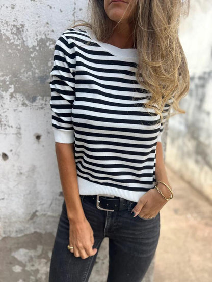 Casual Round Neck Striped Top White