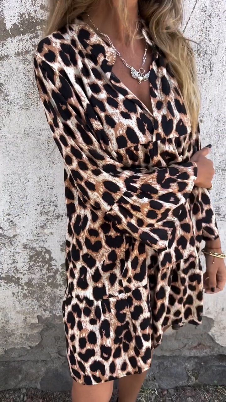 V-neck Long-sleeved Leopard Print Dress