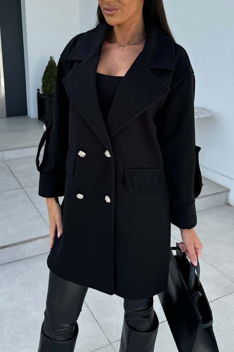 Women's Solid Color Double Breasted Coat Jacket Black