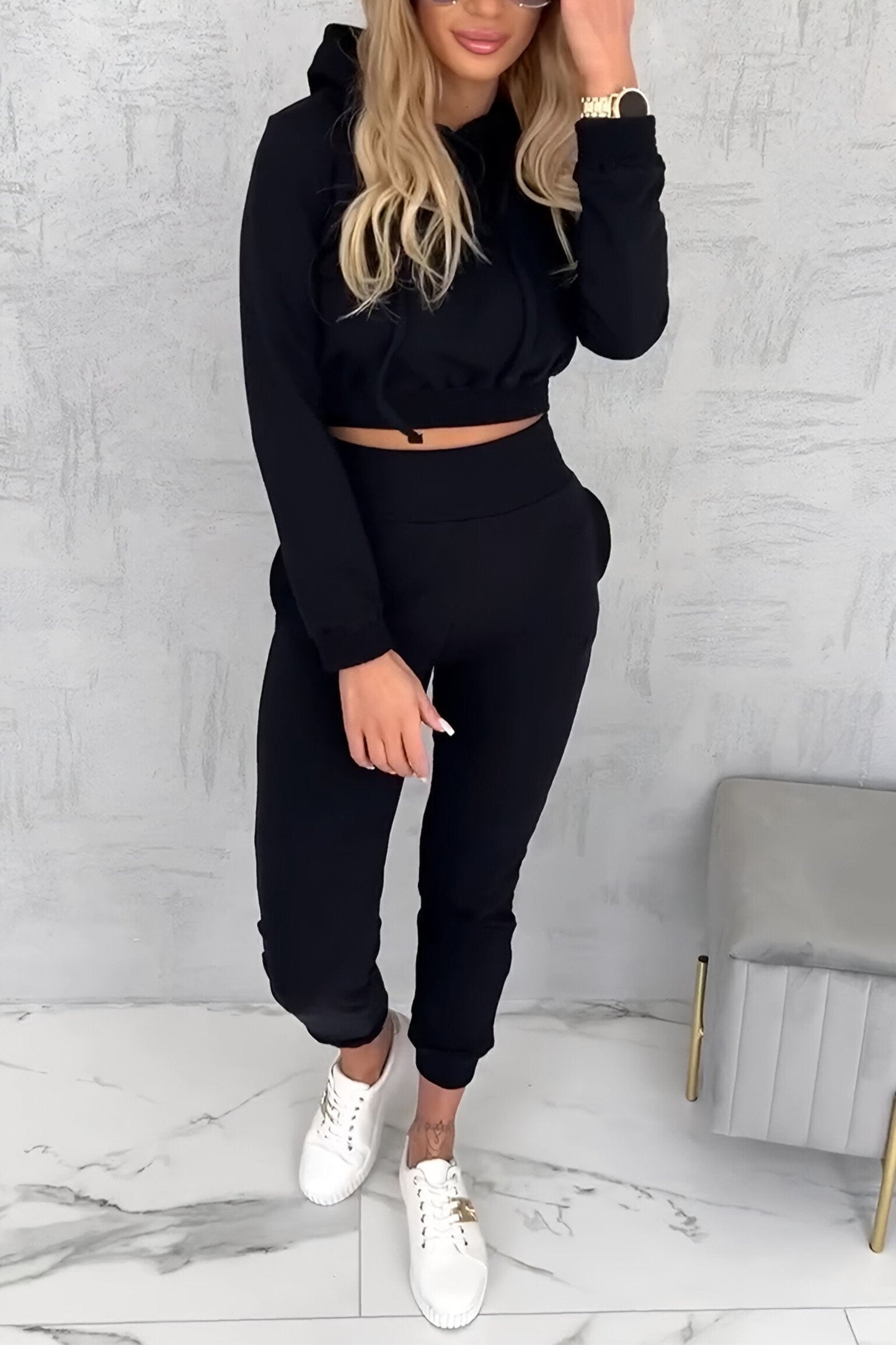 Women's Casual Hooded Long-sleeved Two-piece Suit black